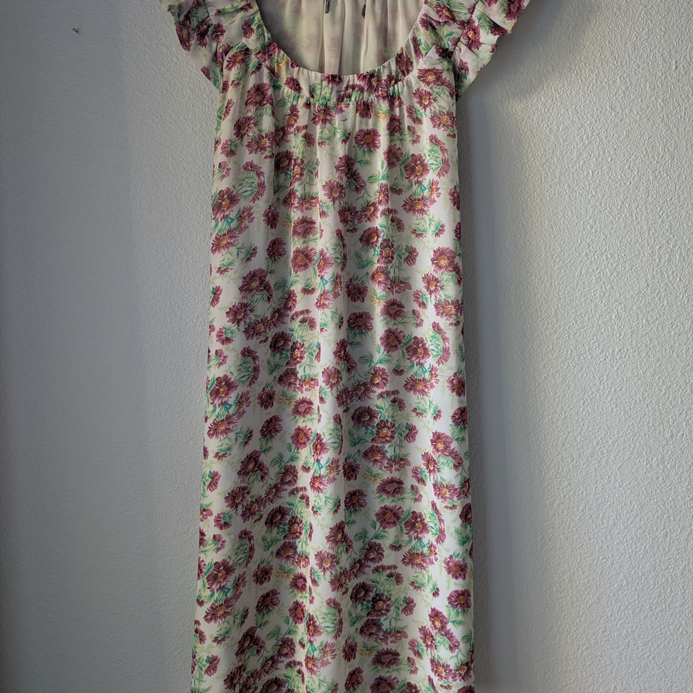 Floral Print Ruffle Sleeve Midi Dress - Pink & Green